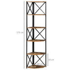 Wall Corner Bookcase, Industrial Style Shelf in Wood and Metal with 5 Shelves, 39x39x175cm, Rustic Brown - Borgè
