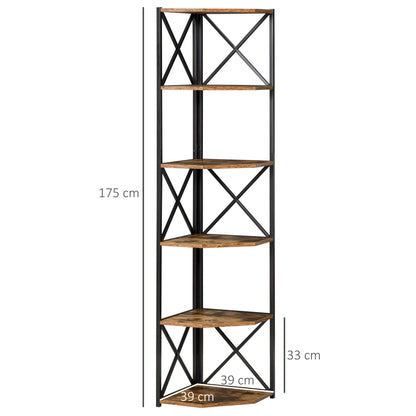 Wall Corner Bookcase, Industrial Style Shelf in Wood and Metal with 5 Shelves, 39x39x175cm, Rustic Brown - Borgè