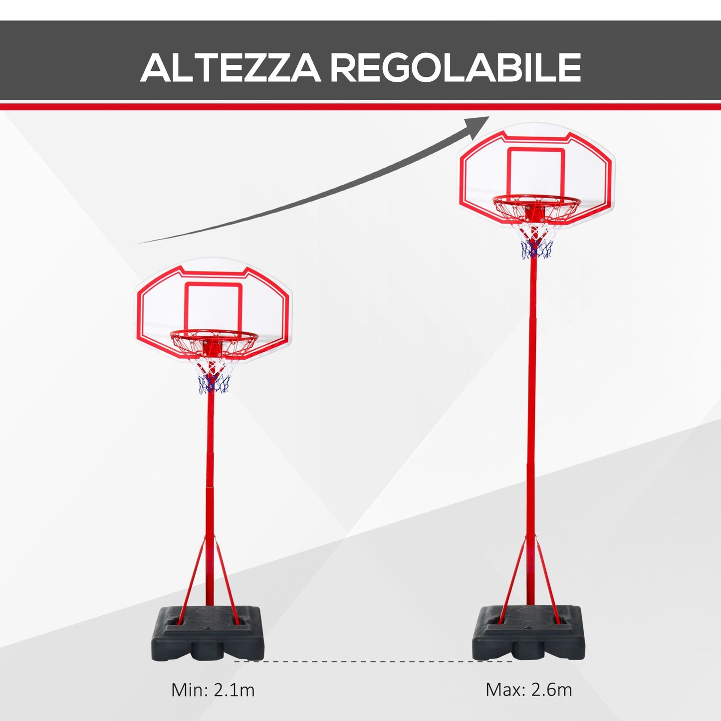 Canestro Self-supporting basketball with adjustable height 210-260cm and wheels, red