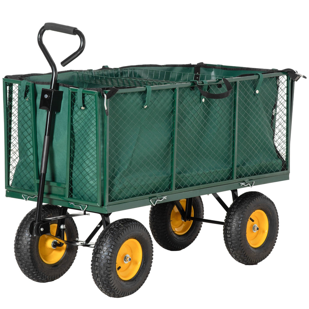 Steel Garden Cart with Folding Side Walls and 4 Wheels, Capacity 342L, Green - Borge' Group Limited