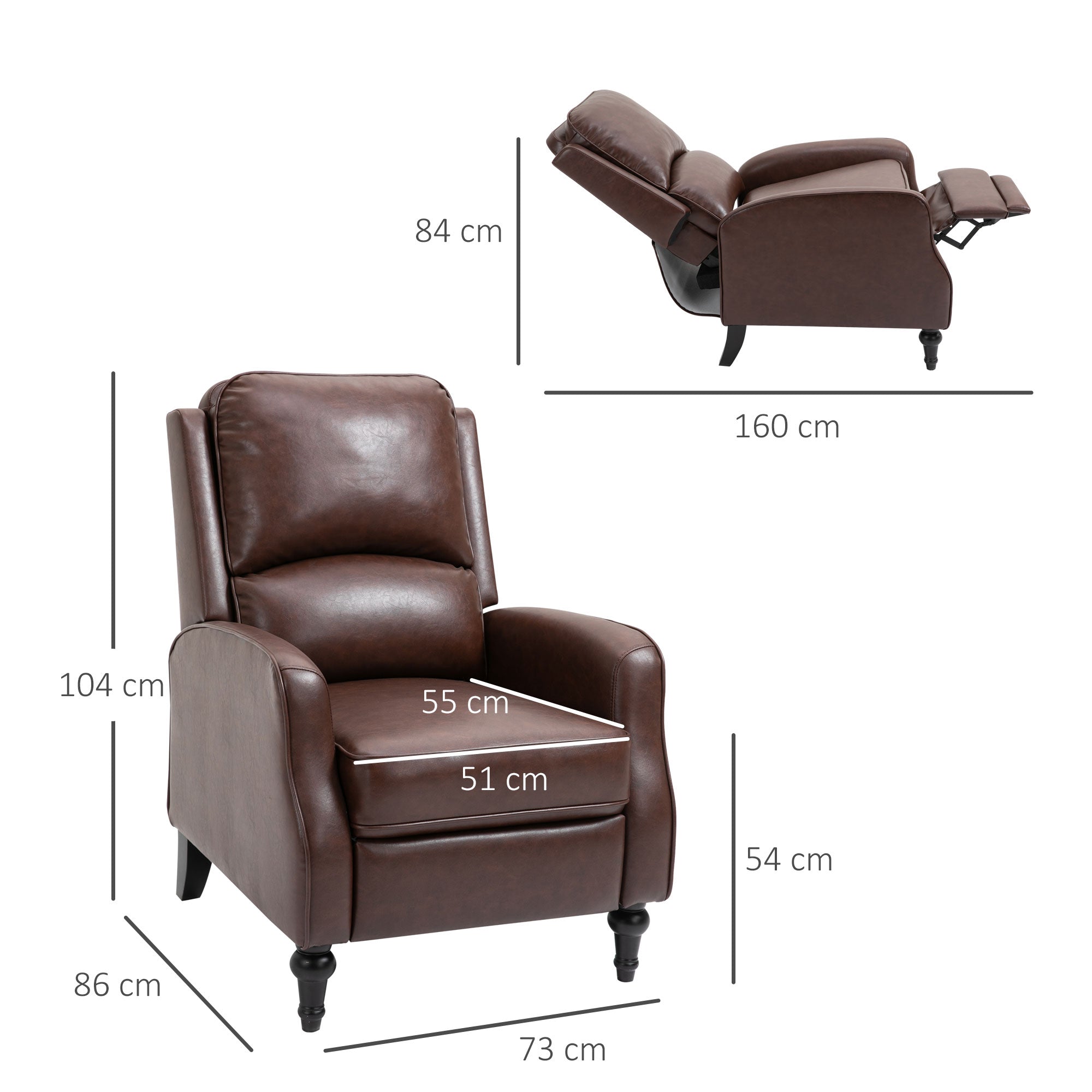 Relaxable Relaxable Armchair 90 ° and 150th Manual for TV, Living Room, Room, Modern Leather Design 73x86x104cm - Borgè