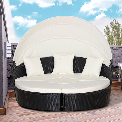 4-Piece Circular Garden Sofa Set, Modular Black Rattan Furniture, Beige Canopy and Cushions 180x175x147cm - Borge' Group Limited