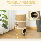 Cat House Cat Scratching Post Tower with 3 Niches, Sisal Rope and Seaweed, Plush Edge, Khaki and Brown - Borge' Group Limited