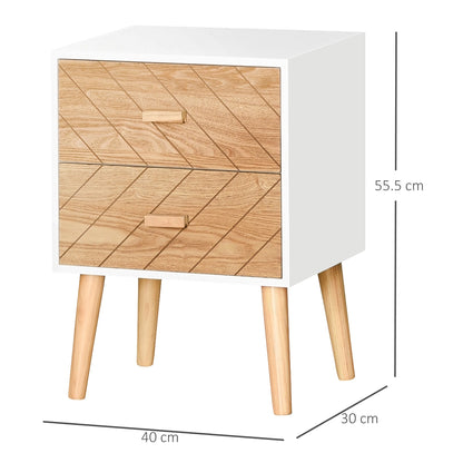 wooden bedside table 2 Scandinavian style drawers, white and wood, 40x30x55.5cm - Borgè