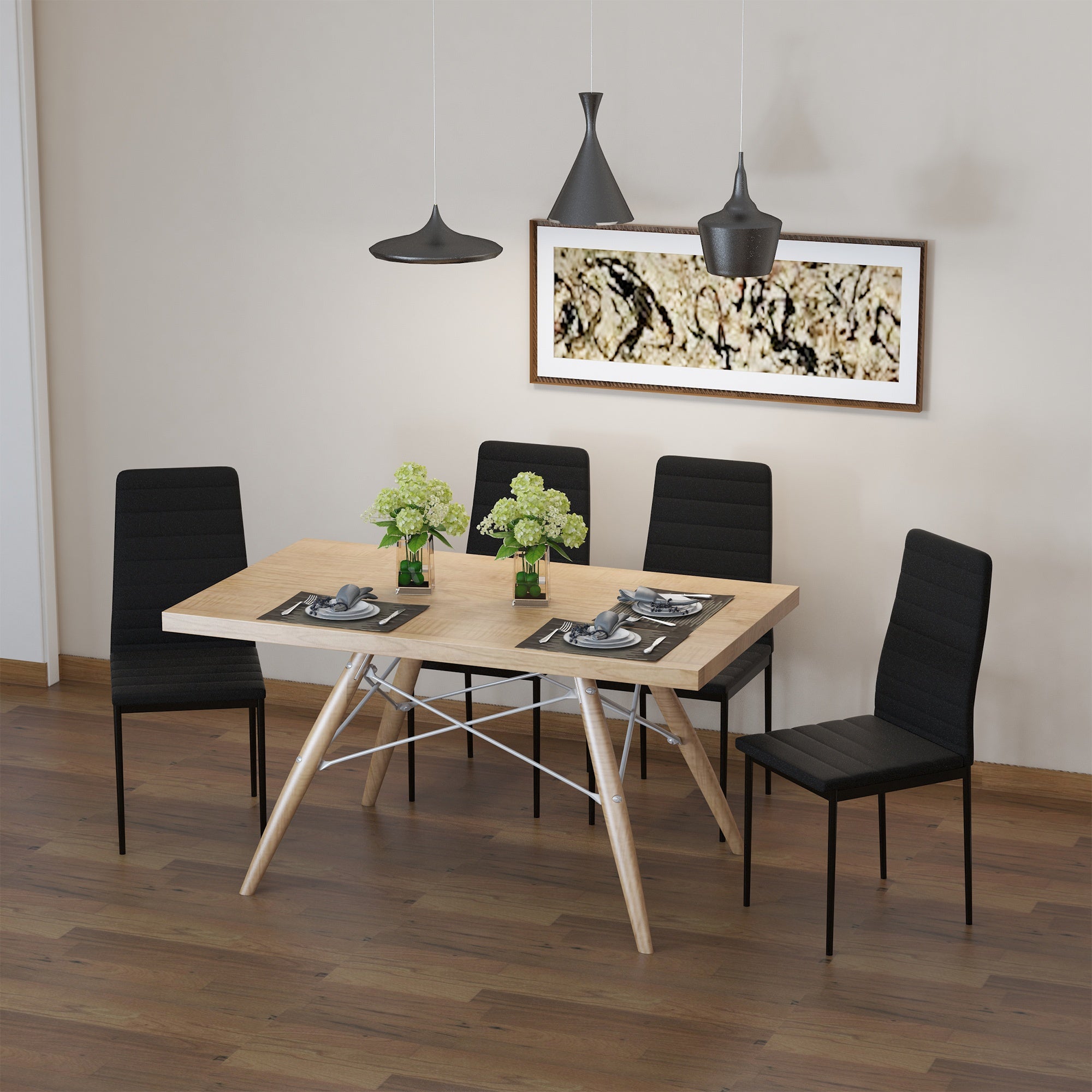 Set 4 Padded Modern Style Chairs in Metal and Fabric - Black - Borgè