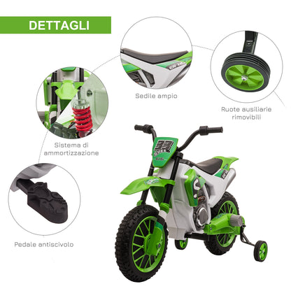 electric cross motorcycle for children for 3-5 years, rechargeable 12V battery and removable wheel, 106.5x51.5x68cm, green - Borgè