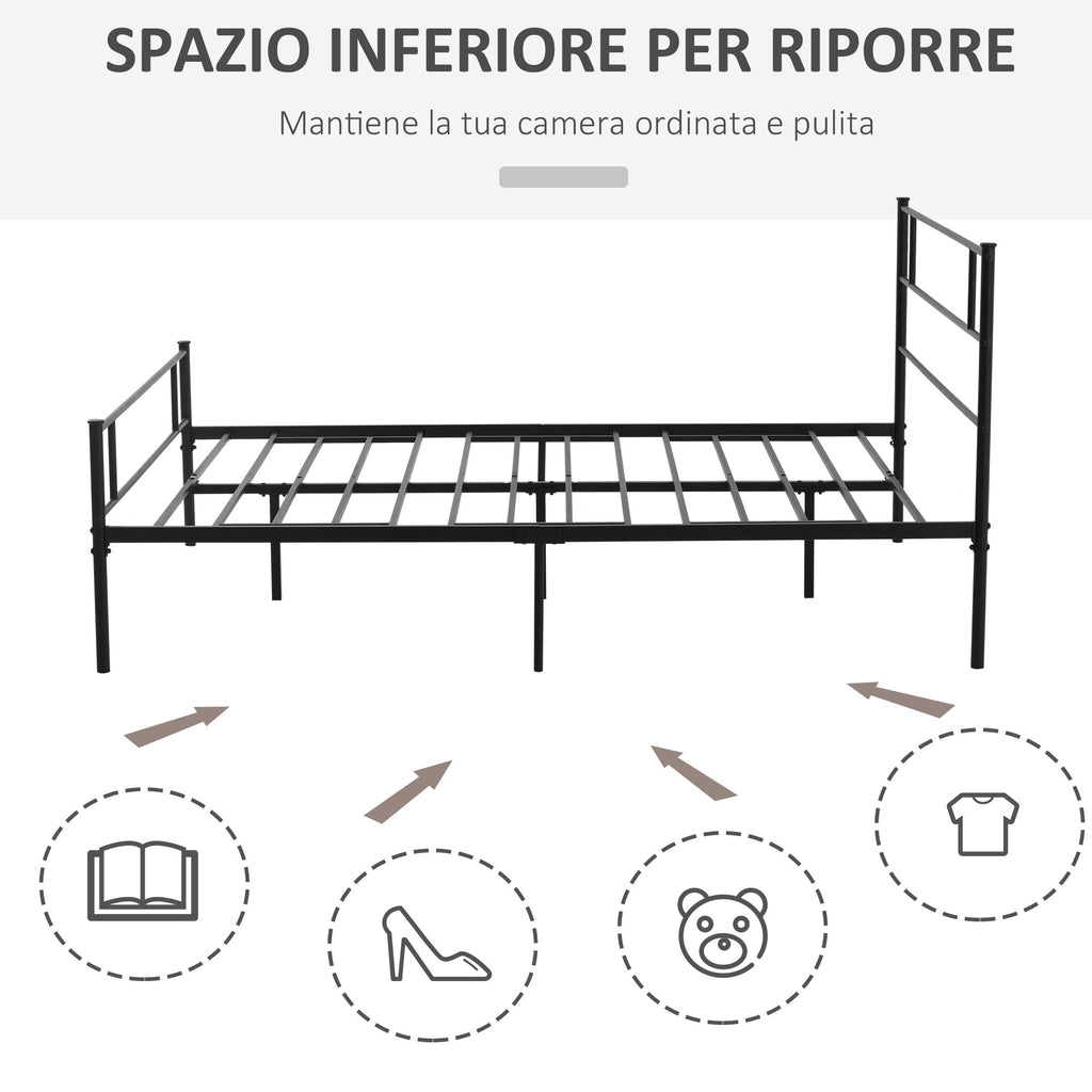Black Double Bed in Metal/Steel | 160x200cm with Slats, headboard and footboard - Borgè