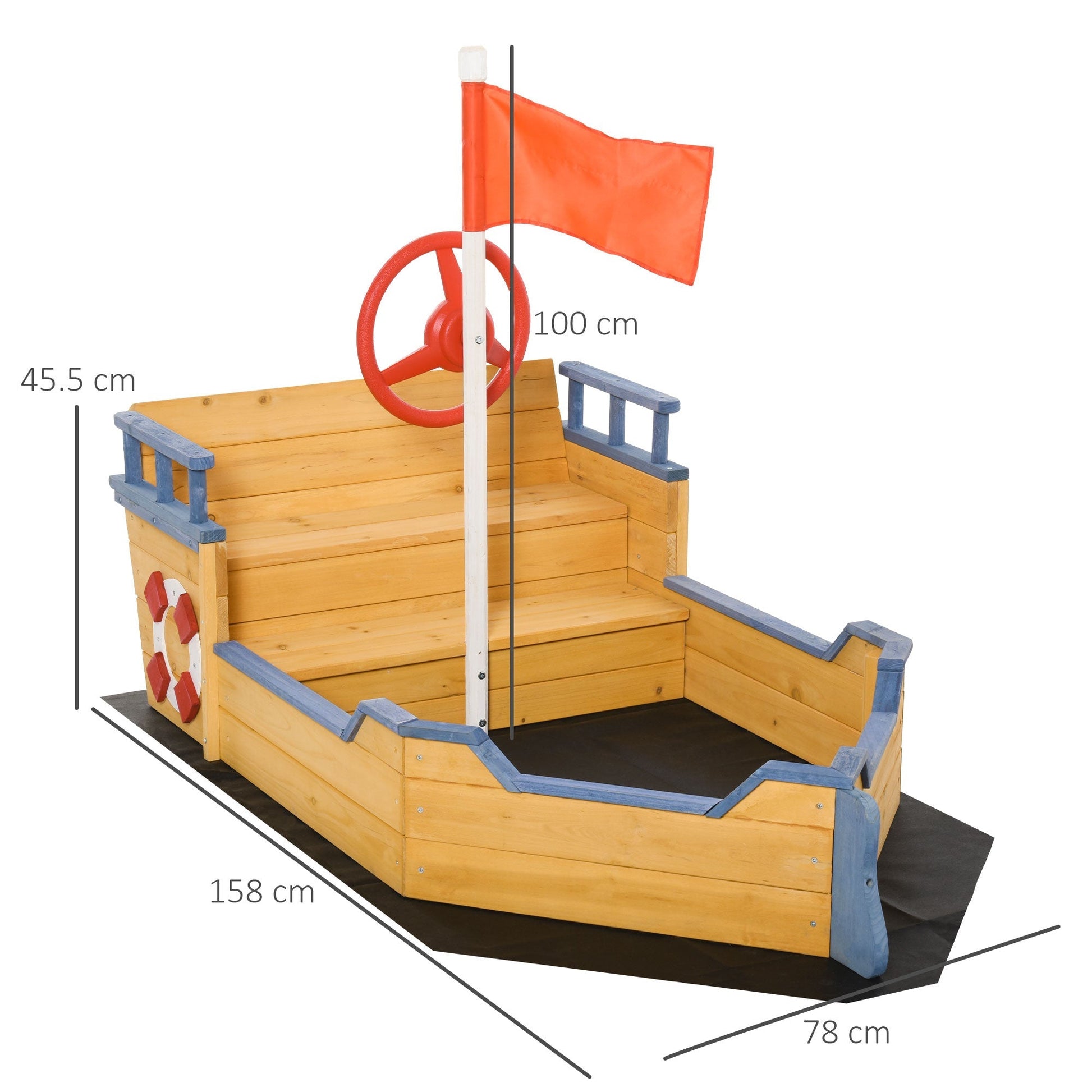 Outsunny Sabbiera for Children in Wooden Shaped Pirates with container compartment, 158x78x45.5cm - Borgè