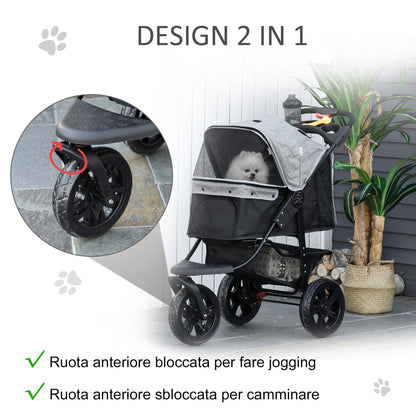 PAWHUT 3 -wheel folding dog stroller with brake, storage basket and bottle holder, in steel and oxford, Grey and black, 109.5x54.5x106.5cm - Borgè