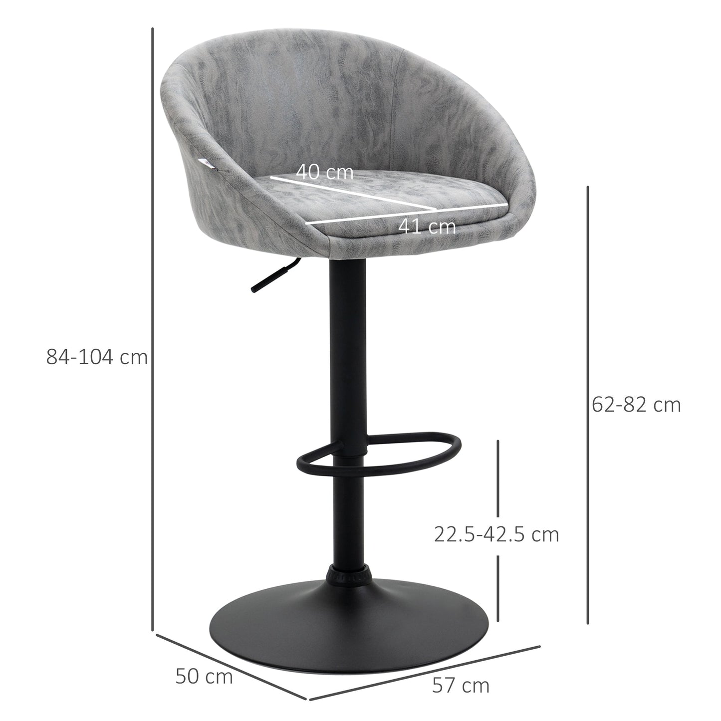 Set 2 bar stools with adjustable height, PU leather and back cover, light Grey - Borgè