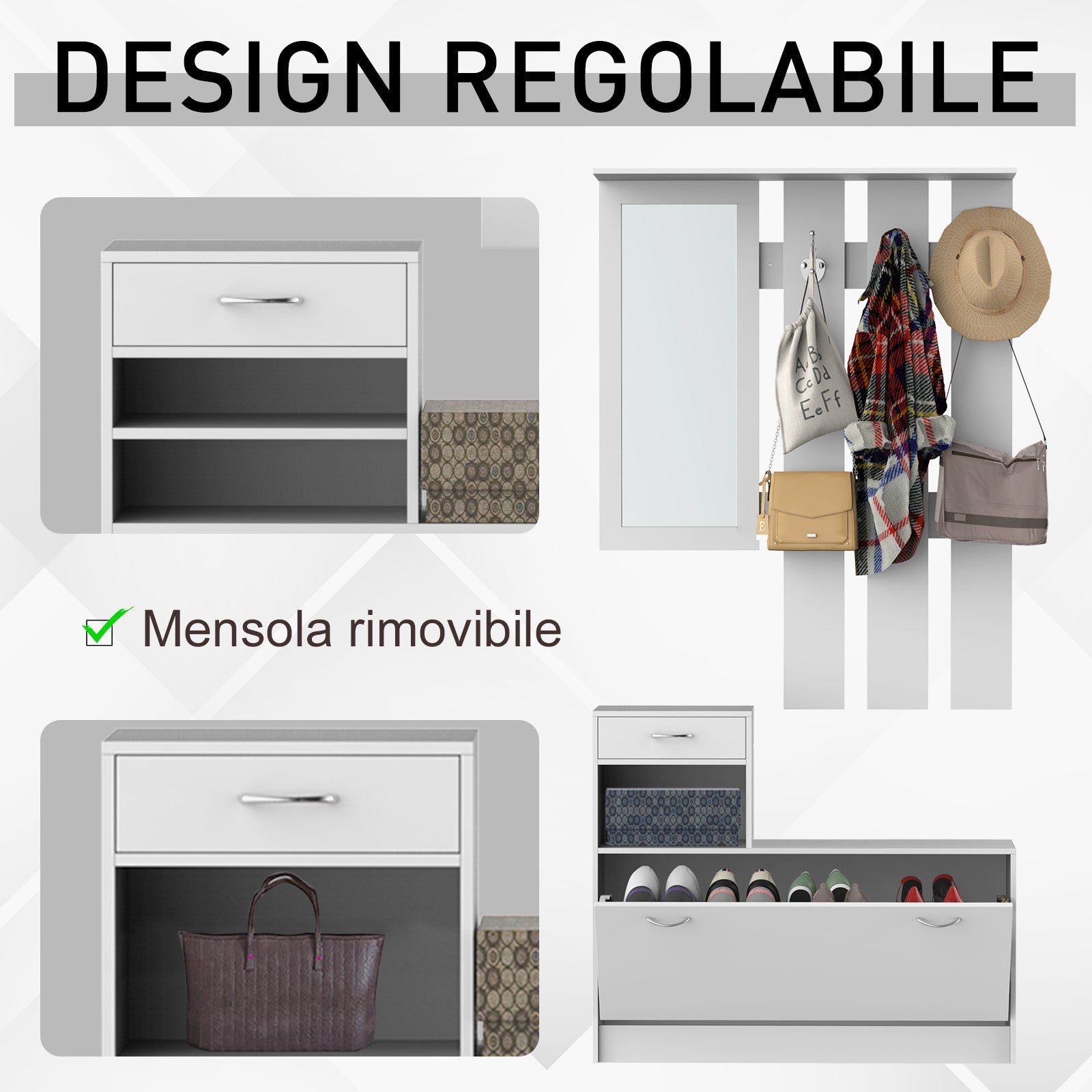 Homcom Modern Entry Mobile Wardrobe Set AppendaBiti, Mirror and Scarp 3 in 1, in white wood - Borgè