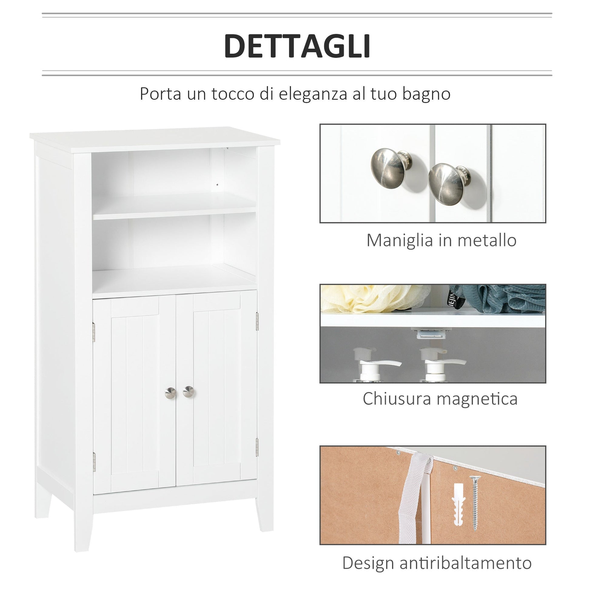 Kleankin Bathroom cabinet with adjustable shelves and cabinet 2 white wooden doors, 50x30x93cm - Borgè