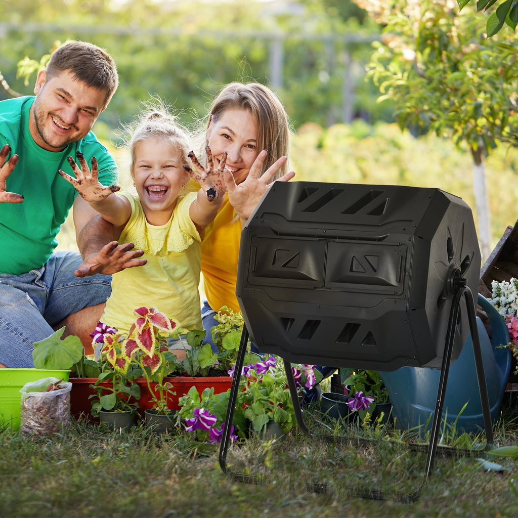 2-Section Rotating Garden Composter with 8 Air Vents, Home Composter in Steel and PP, 160 L, for Composting Organic Waste, 71x65x96 cm, Black - Borge' Group Limited