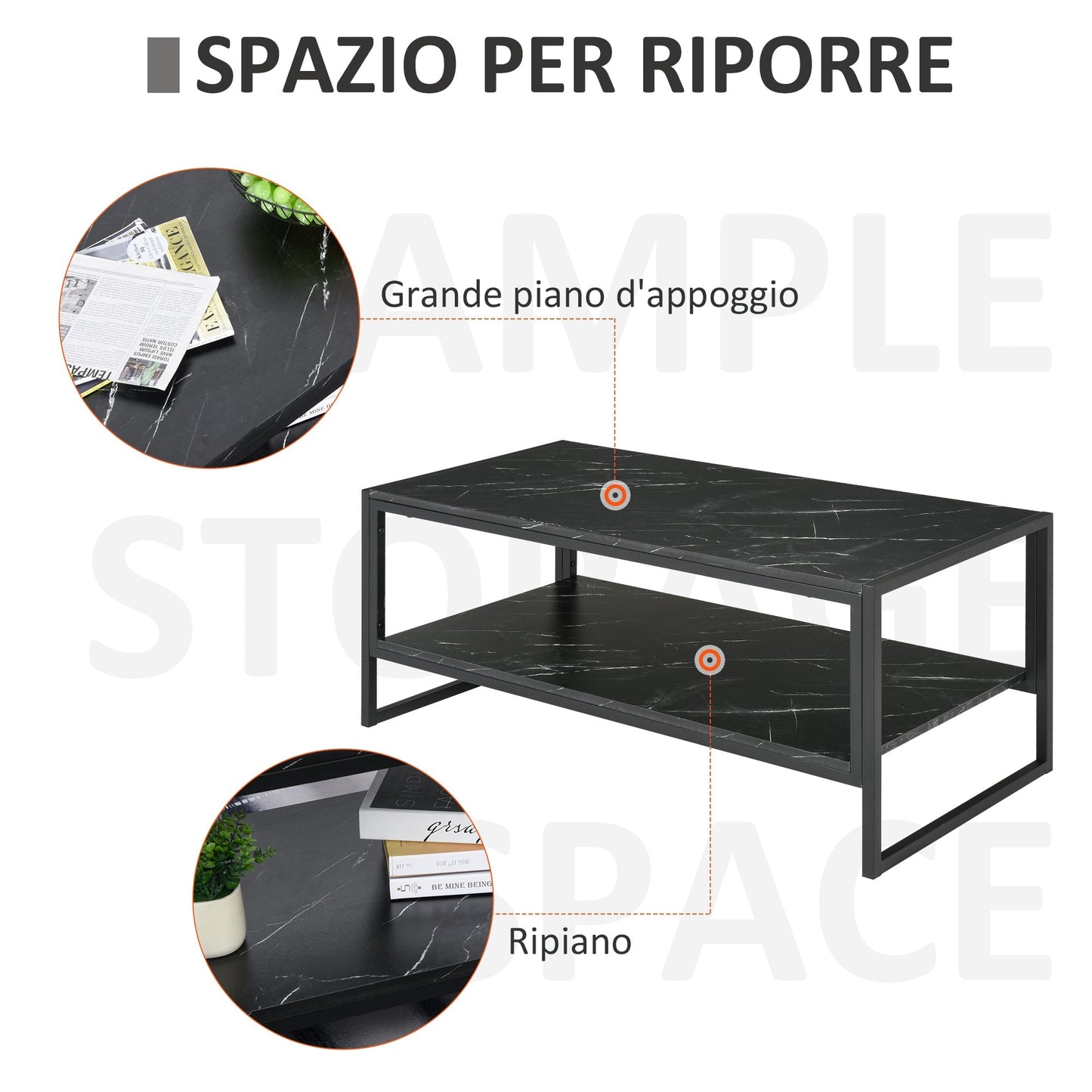 MALORCA | Black Marble Effect Coffee Table with Lower Shelf for Living Room or Office, 106x50x45cm - Borgè