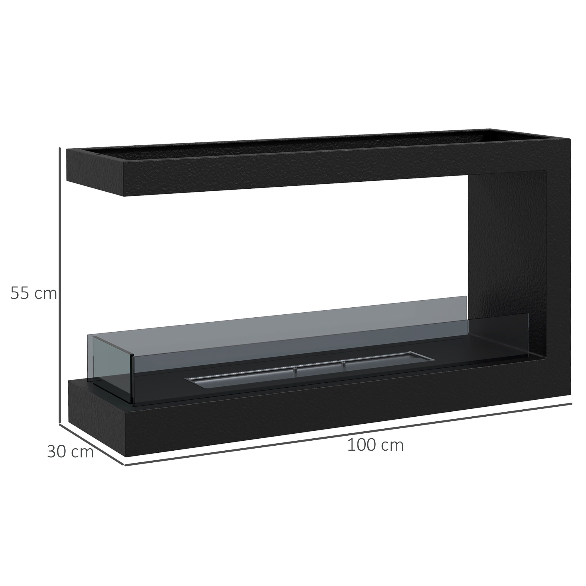 Bioethanol Fireplace with 3 sides with 2.4L burner and lasting 4 hours, 30ãŽ¡ cover, 100x30x55cm - Borgè
