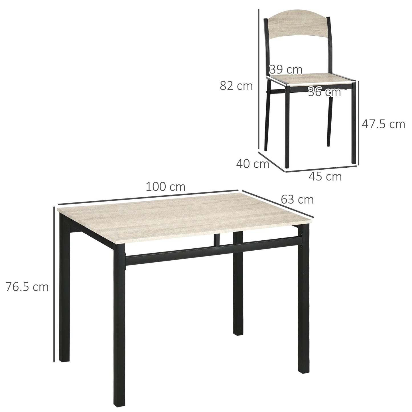 lunchtime set with rectangular table and 4 steel and mdf chairs, black and oak - Borgè