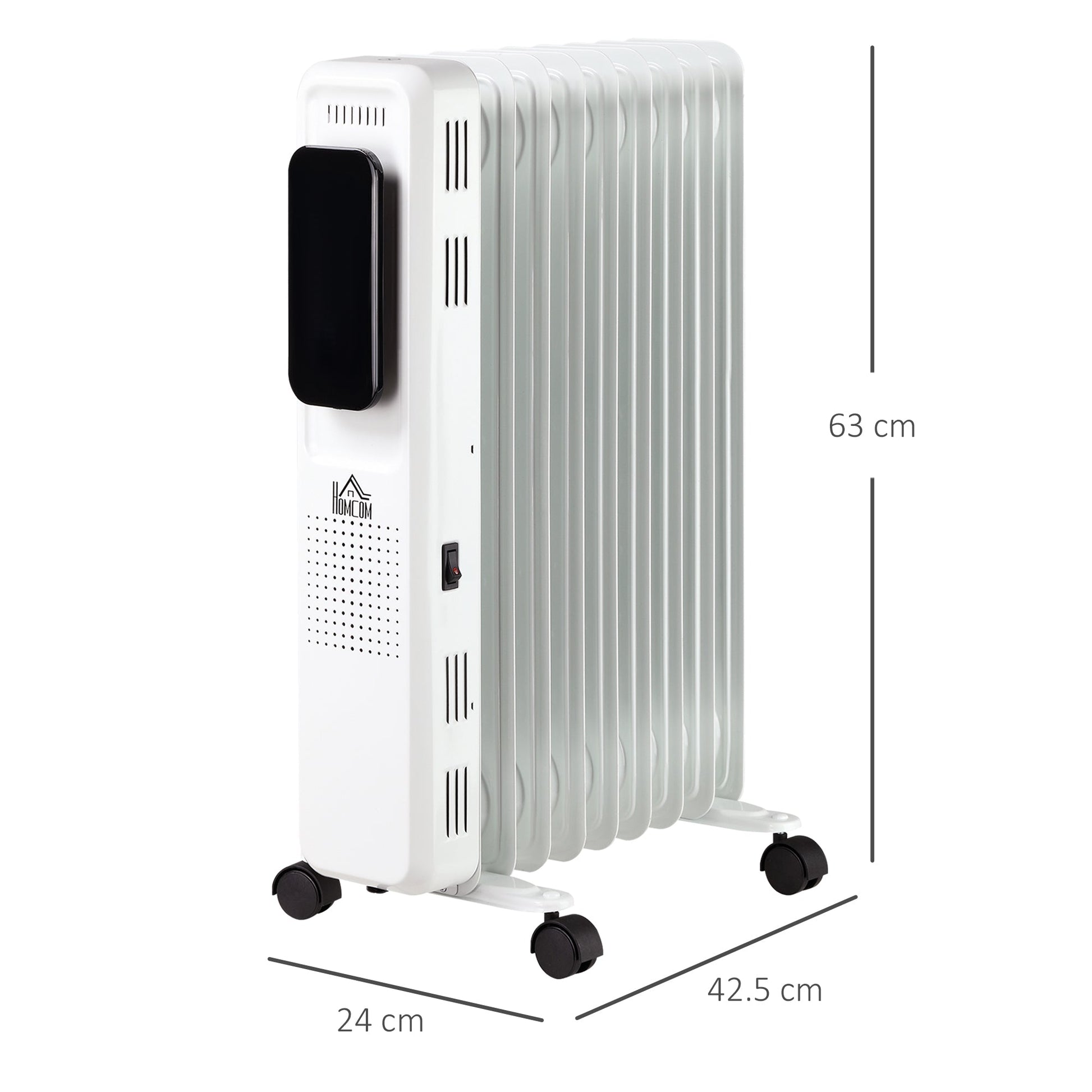 oil radiator with 9 elements, adjustable temperature, 3 heating levels and timer, 42.5x24x63cm - white - Borgè