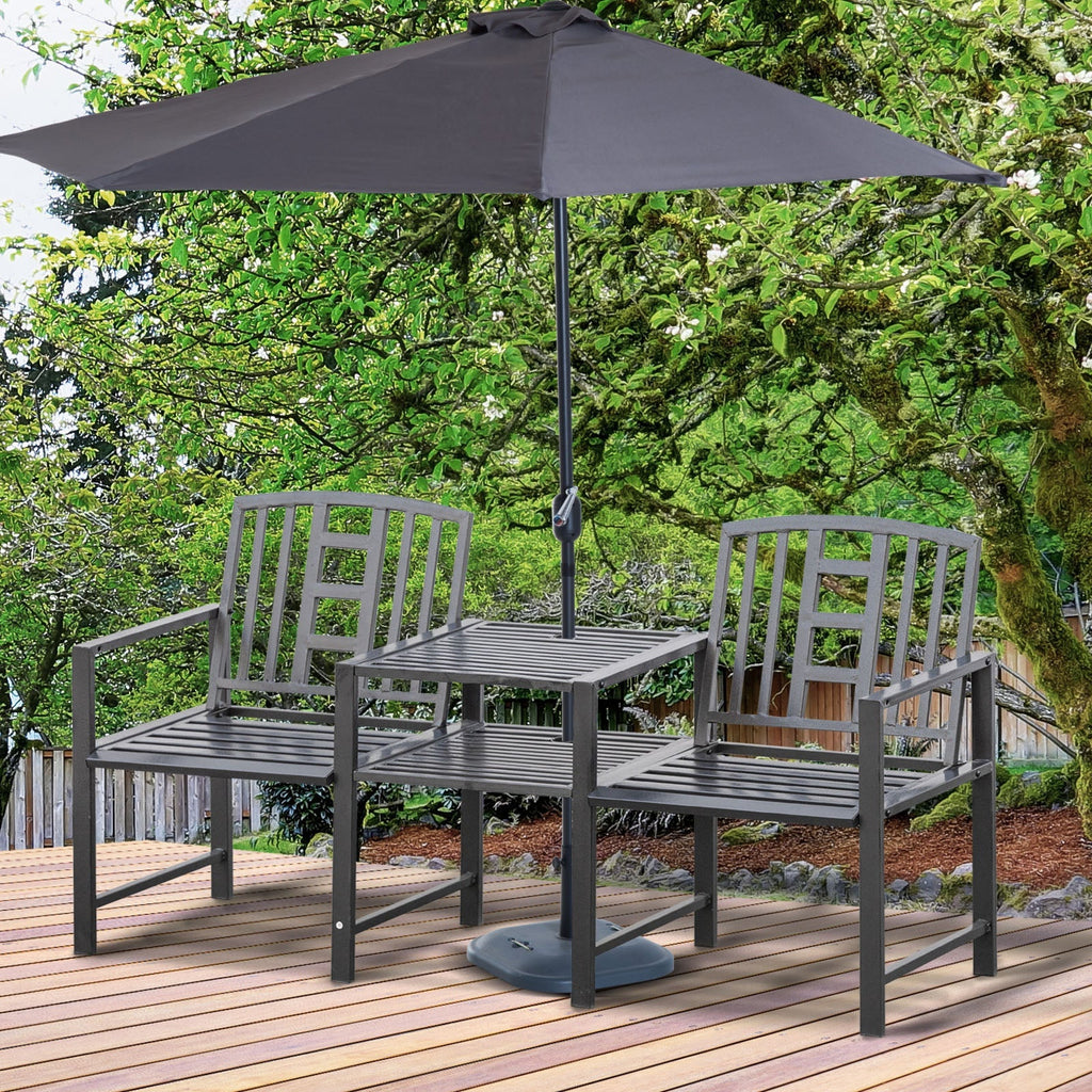 Modern 2-Seater Garden Bench with Table and Umbrella Hole Outdoor Furniture 165x56x85.5cm Black - Borge' Group Limited
