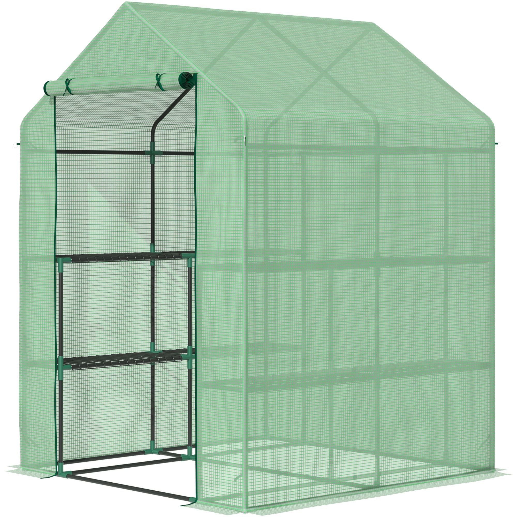 Garden Greenhouse with Shelves, PE Cover and Roll-Up Door, 143x138x190 cm, Green - Borge' Group Limited