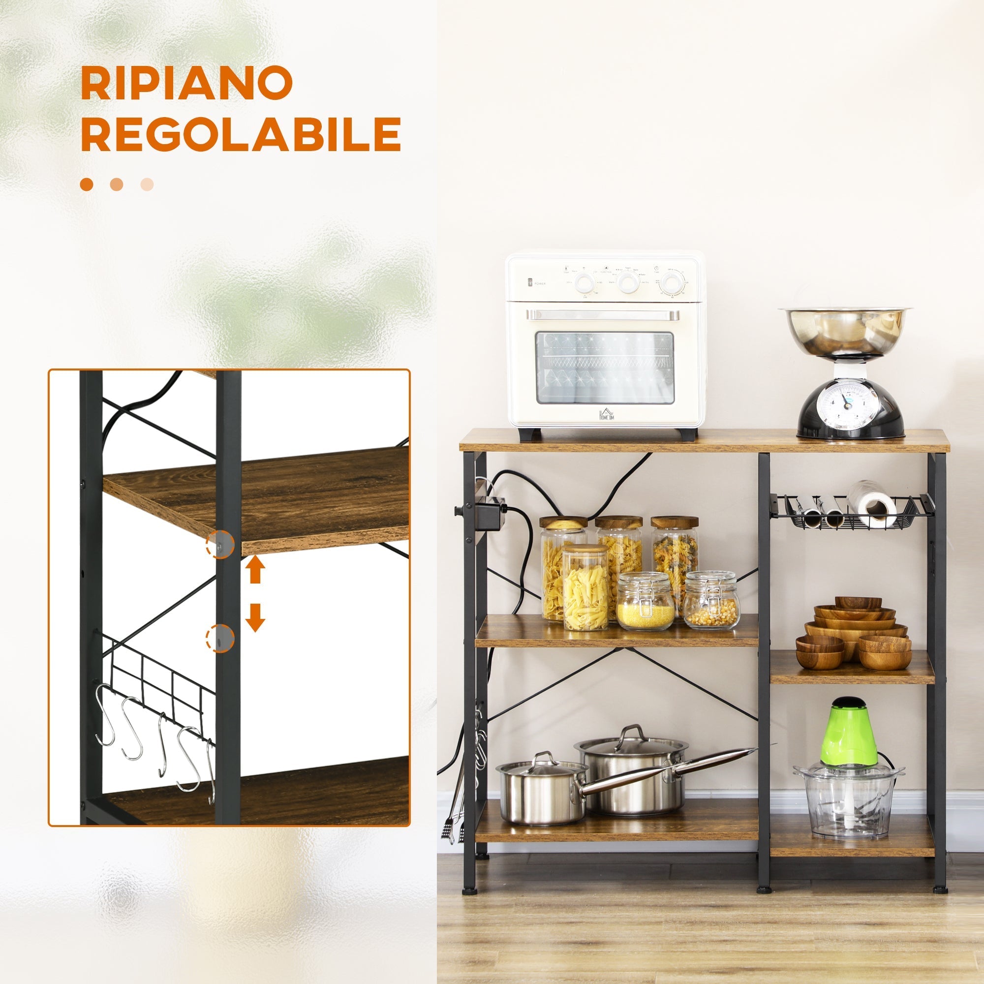 Homcom Kitchen Mobile with 3 shelves in chipboard with power outlet, USB port and basket, 90x40x83cm - Borgè