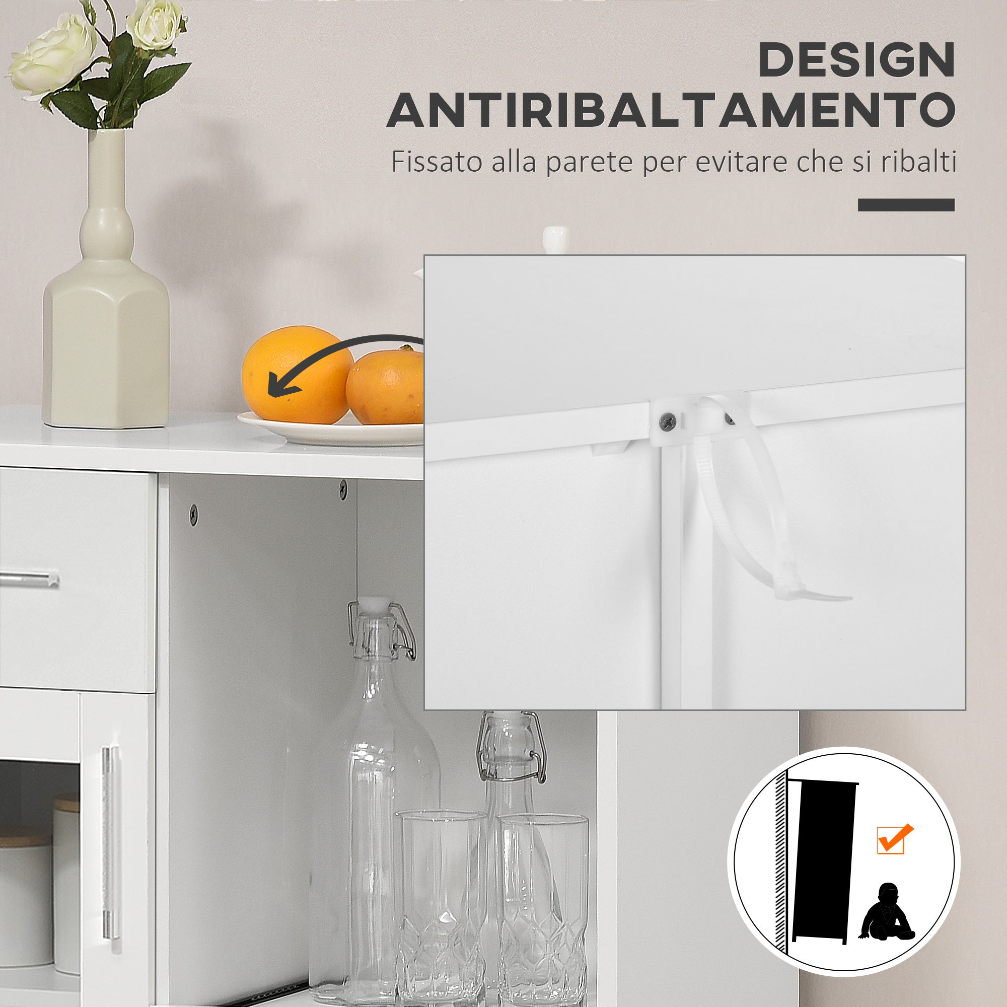 Modern Credenza With lockers and drawer, wooden saving kitchen and glass 60x40x95cm, white - Borgè