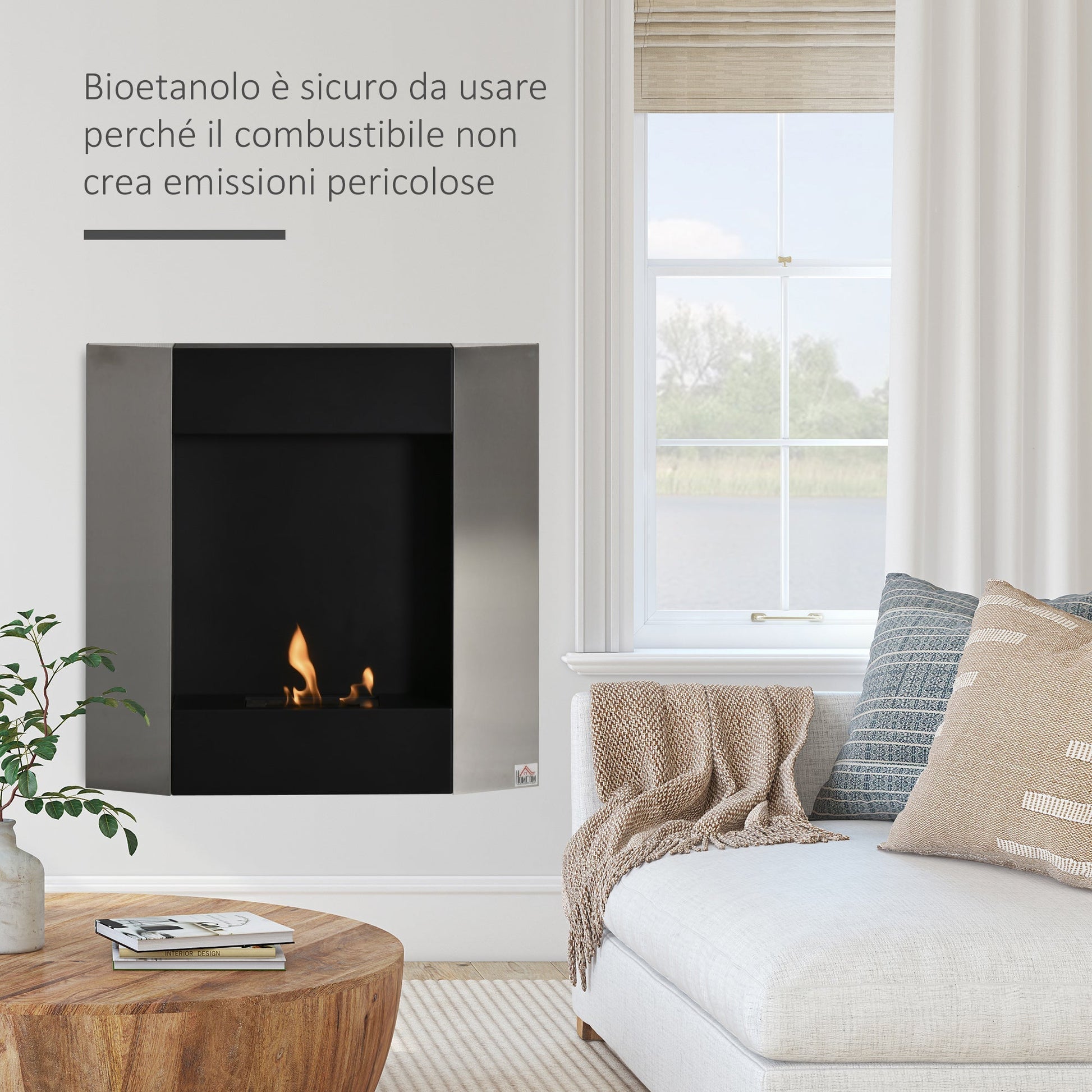 Bioethanol Fireplace Wall with 0.7L tank and 20m² - silver/black cover - Borgè