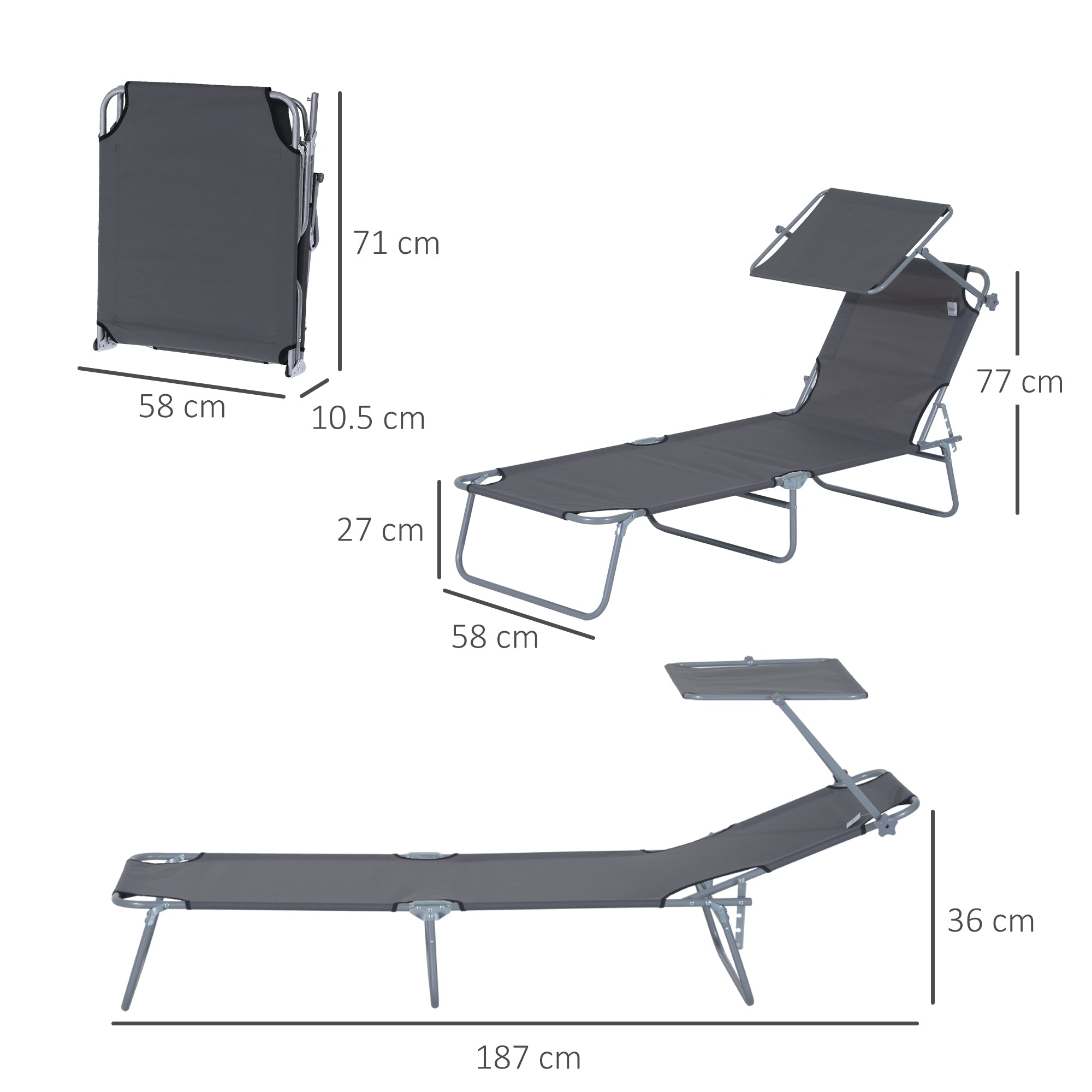 Garden Sun Lounger, Folding and Adjustable Deck Chair with Grey Fabric Canopy, 187x58x36cm - Borge' Group Limited