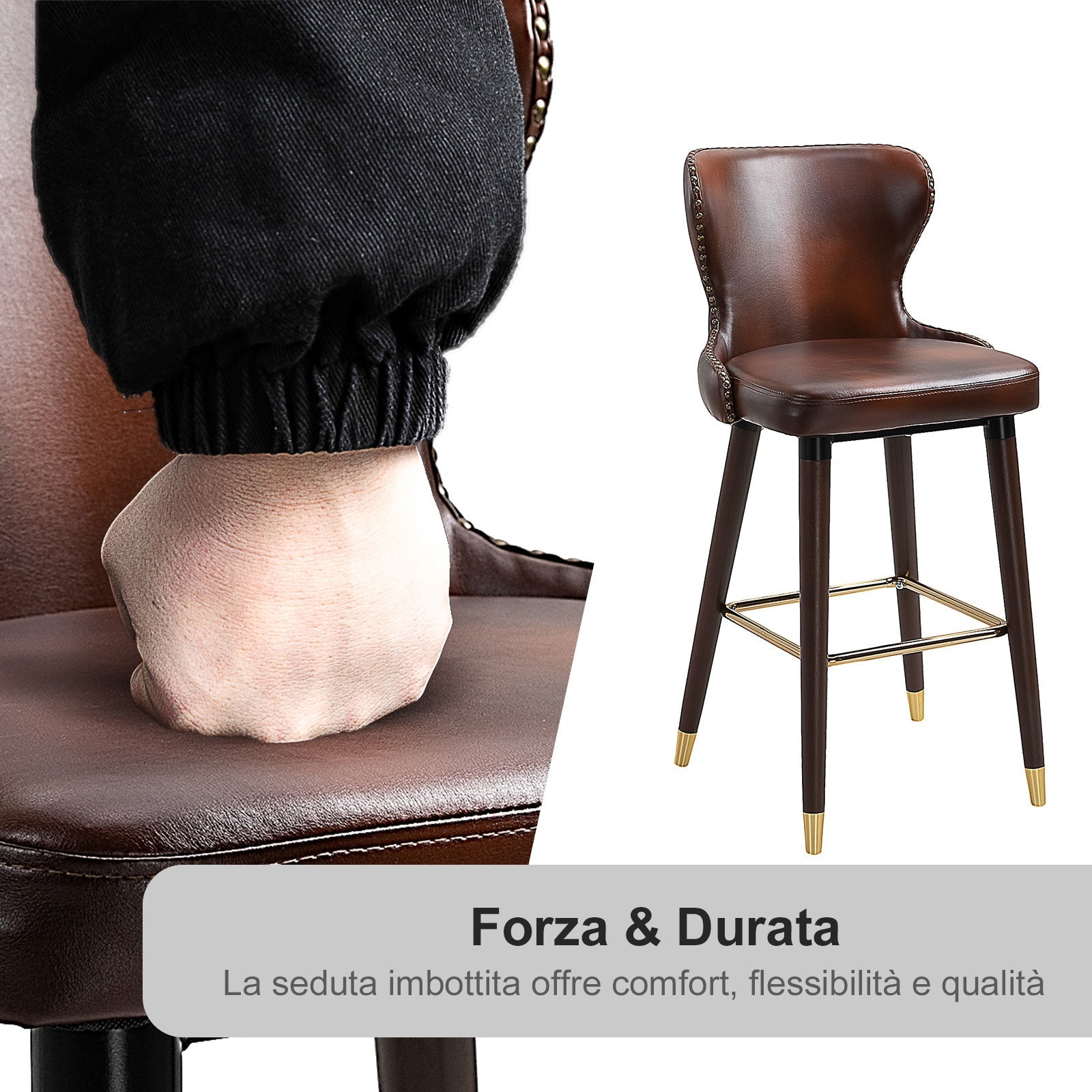 Set 2 high bar stools padded in brown and gold industrial style - Borgè