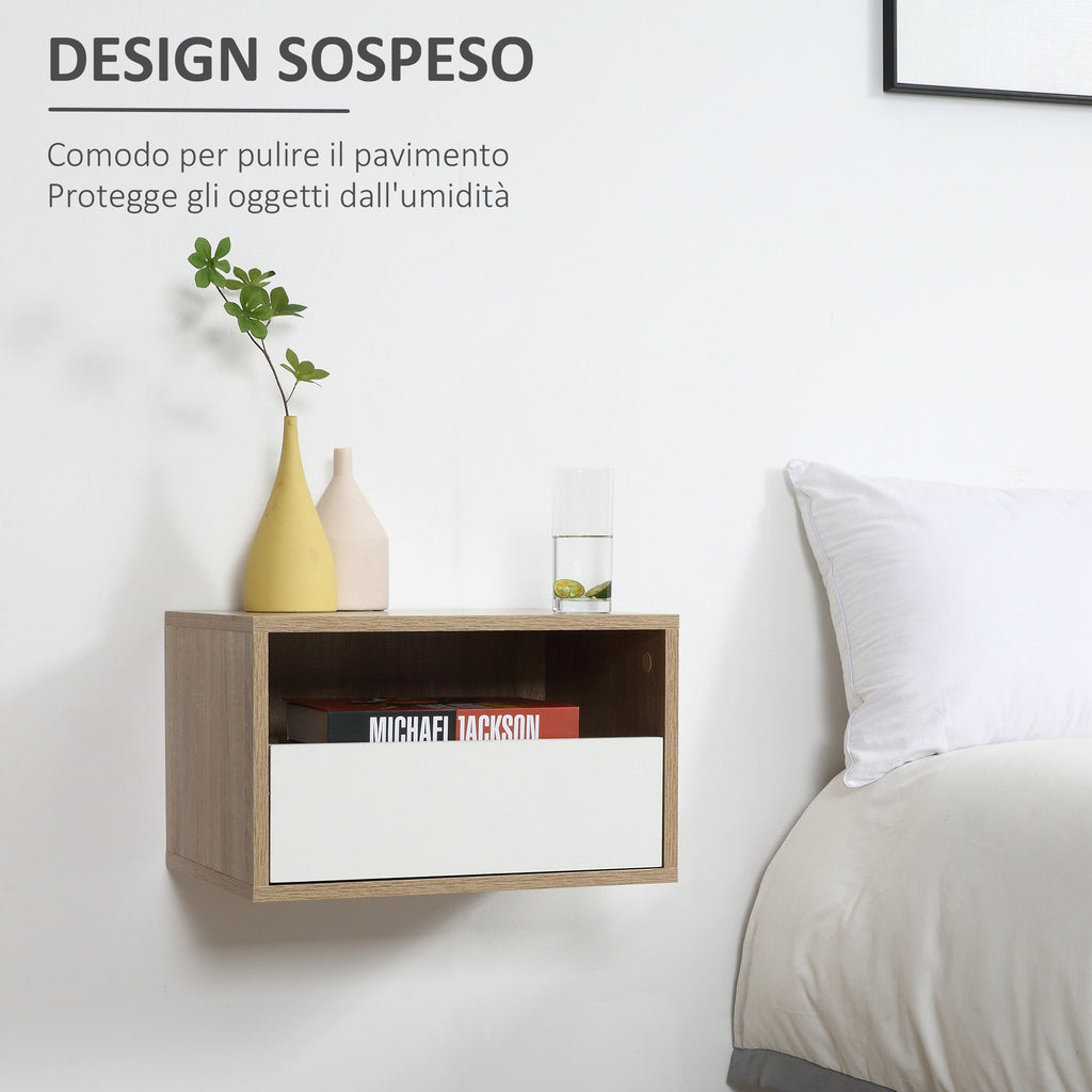 Set 2 Bedside tables suspended with drawer and shelf 45x35x27.5cm - White and wooden color - Borgè