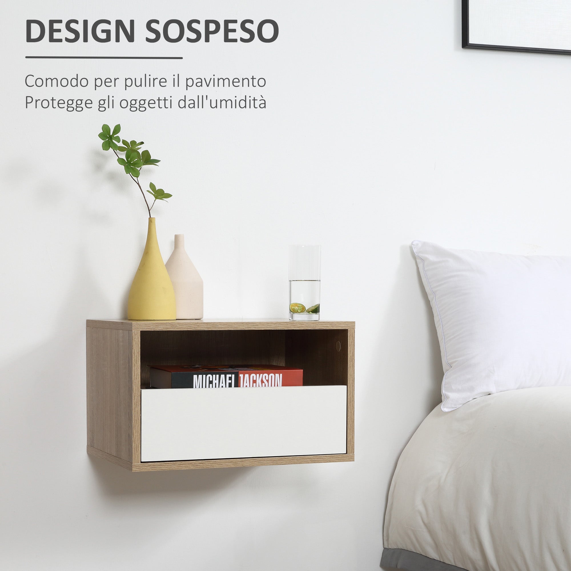 Set 2 Bedside tables suspended with drawer and shelf 45x35x27.5cm - White and wooden color - Borgè