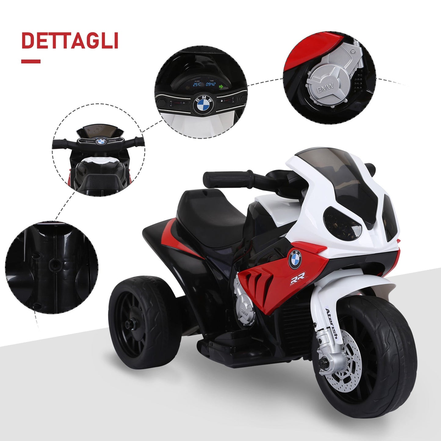 electric motorcycle for children max. 20kg with bmw license, 3 wheels, 6V rechargeable battery, red white, 66x37x44cm - Borgè