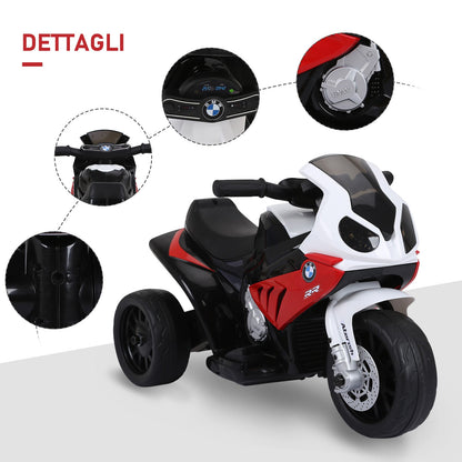 electric motorcycle for children max. 20kg with bmw license, 3 wheels, 6V rechargeable battery, red white, 66x37x44cm - Borgè