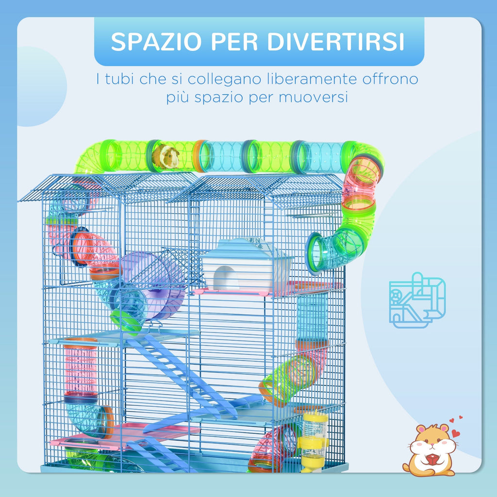 Pawhut for hamsters and 5 -storey rodents with colored pipes, wheel, small house and accessories included, blue, 47x30x59cm - Borgè