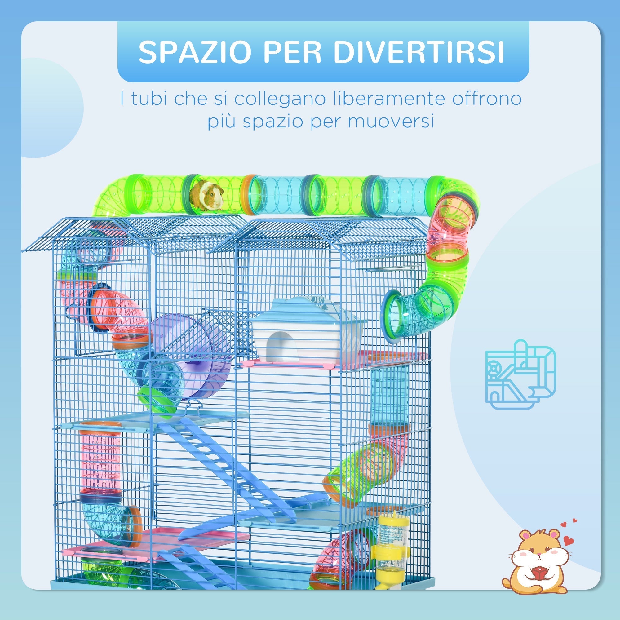 Pawhut for hamsters and 5 -storey rodents with colored pipes, wheel, small house and accessories included, blue, 47x30x59cm - Borgè