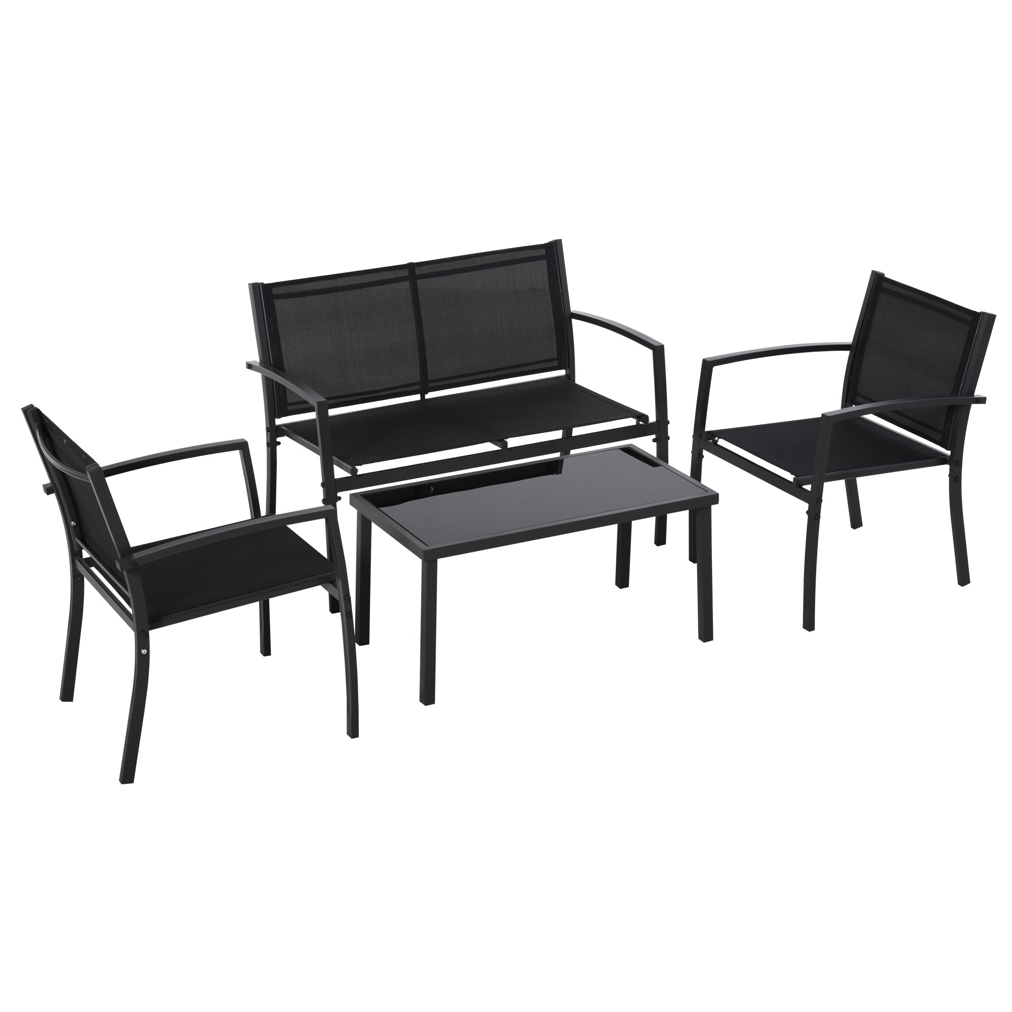 Outdoor Lounge Set, 4 Piece Set with 1 Coffee Table, 2 Garden Chairs and 1 Metal Bench, Black - Borge' Group Limited