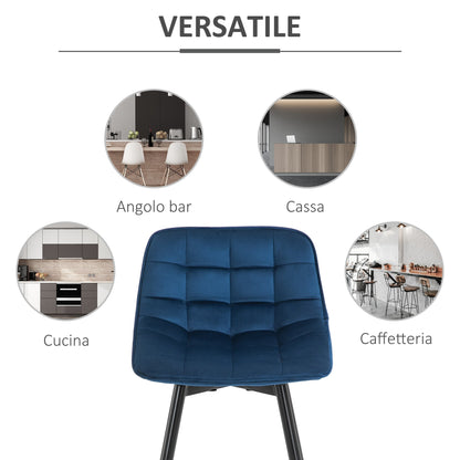 Set of 2 Bar Stools with Backrest and Footrest, Nordic Style High Upholstered Chairs in Metal and Velvet, Blue, 45x47x88cm - Borgè