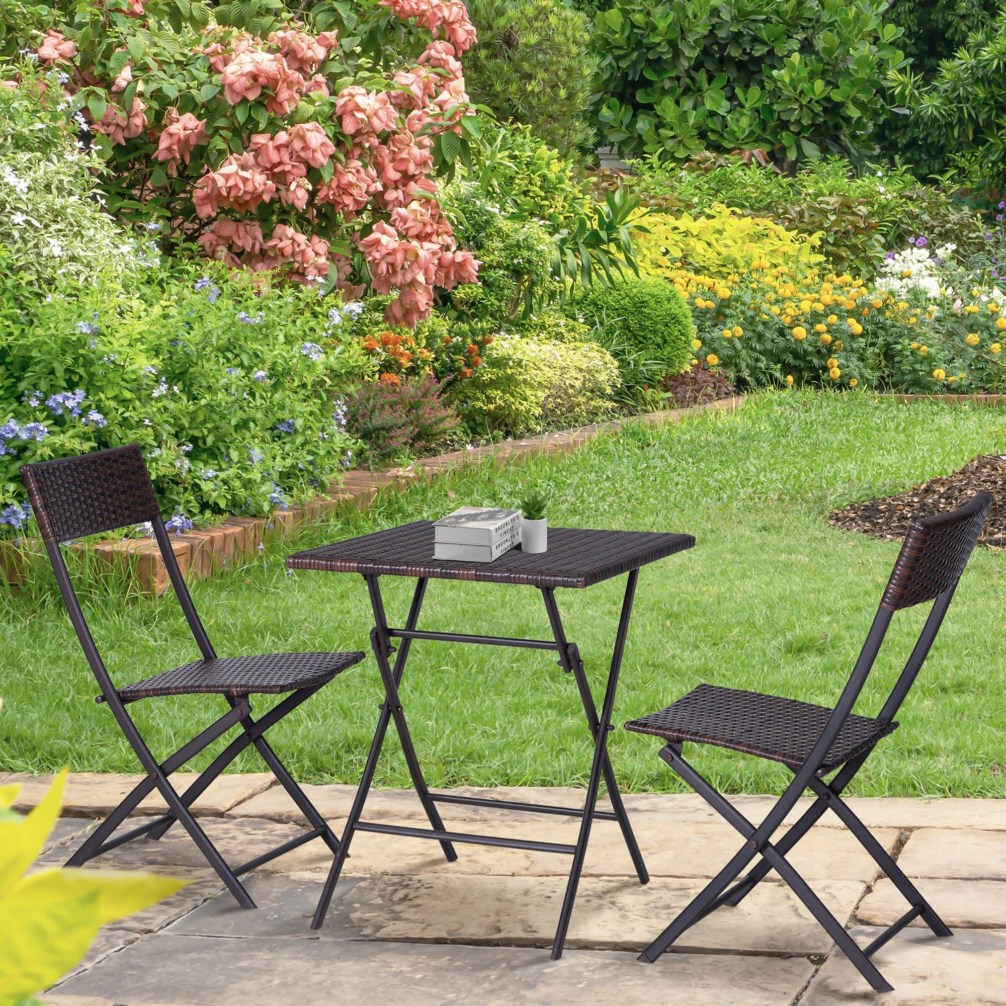 3-Piece Folding Garden Set, PE Rattan and Metal, 2 Chairs and Coffee Table, UV Protection, Balcony Furniture Set, for Patio and Backyard, Brown - Borge' Group Limited