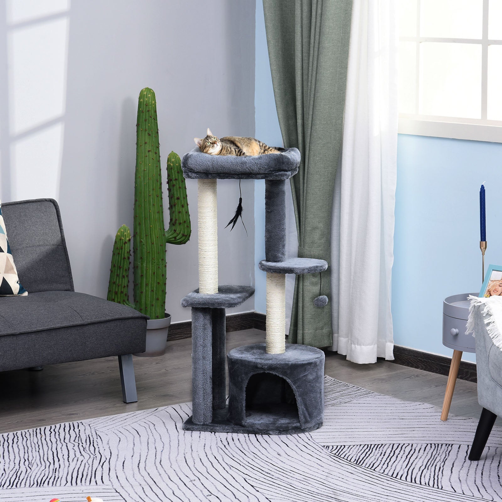 Cat Tree for cats with Scratch Pole with Bed, and 2 shelves, white and Grey, 48x35x100cm - Borge' Group Limited