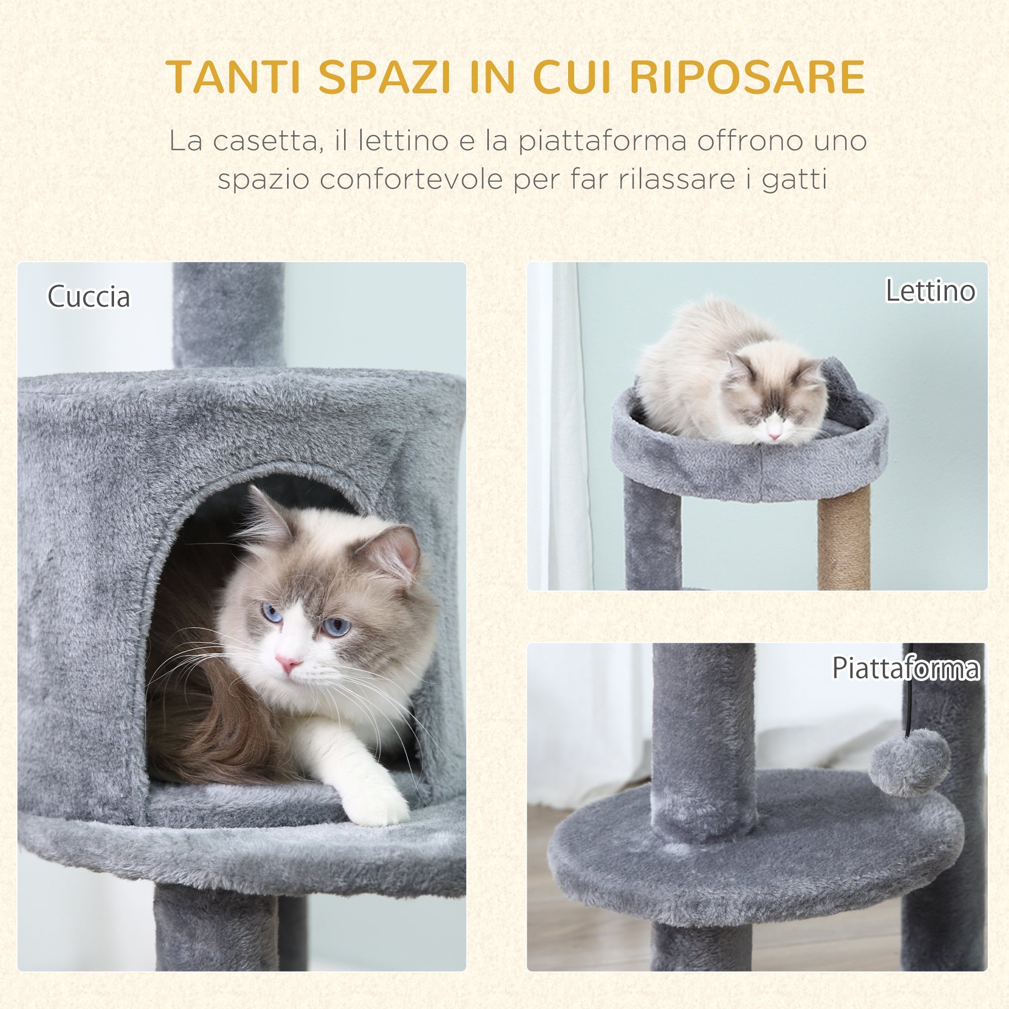 Cat Tree for cats with Scratch Pole 1-2 cats of 4.5kg with 3 levels Grey 48x48x104cm - Borge' Group Limited