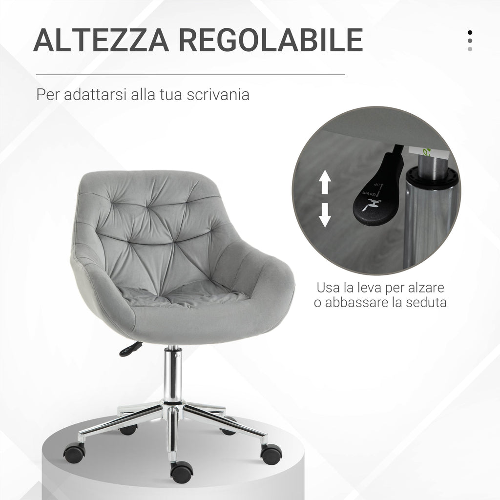 Vicetto swivel ergonomic office chair with adjustable height and wheels, velvet coating - Grey - Borgè