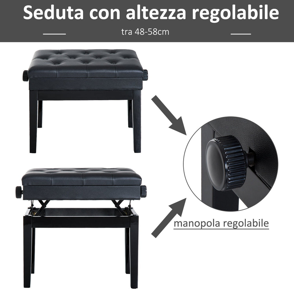 Stool Benchetta Bench Piano chair with PORTOGGGEMENT ROAD ADJUSTABLE HEIGHT, 54.5x33x48-58cm, Black - Borgè