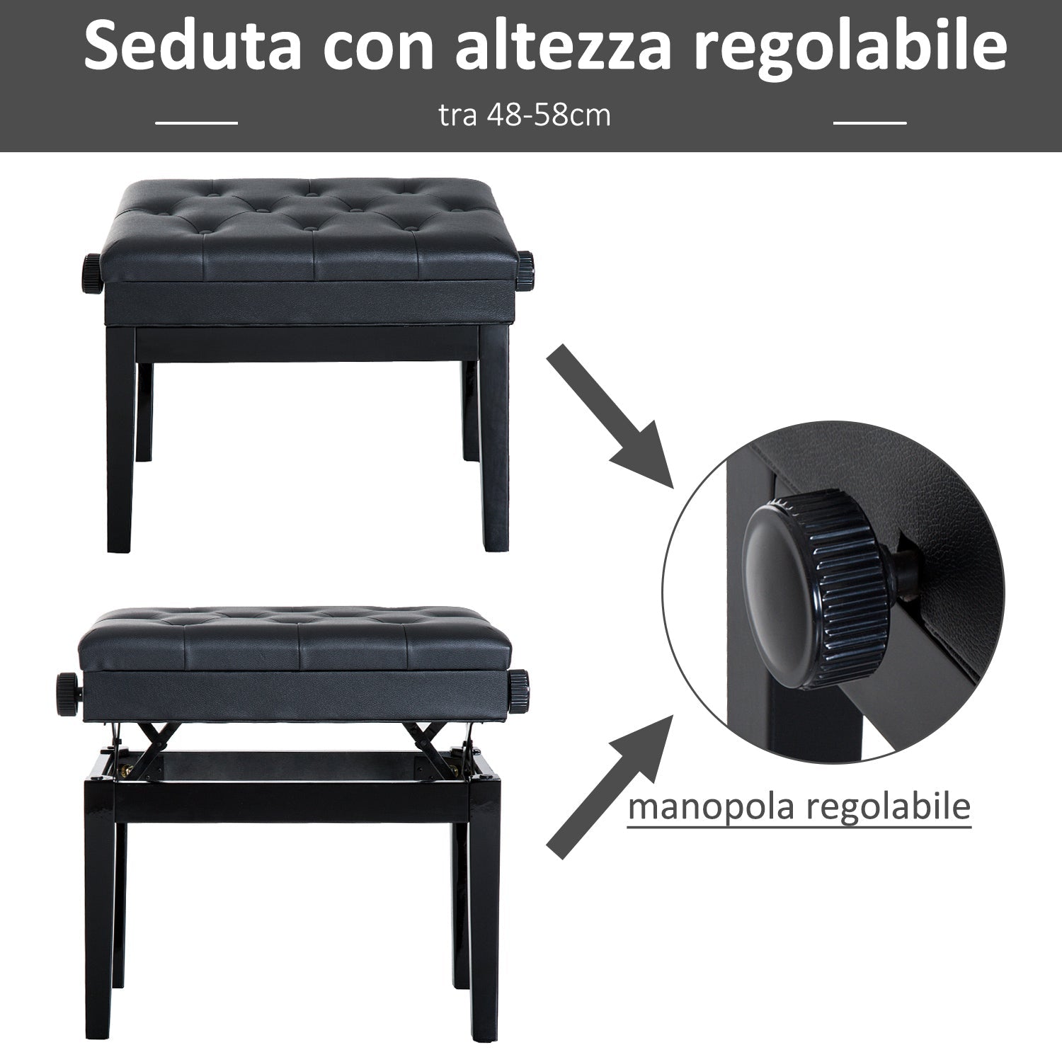 Stool Benchetta Bench Piano chair with PORTOGGGEMENT ROAD ADJUSTABLE HEIGHT, 54.5x33x48-58cm, Black - Borgè