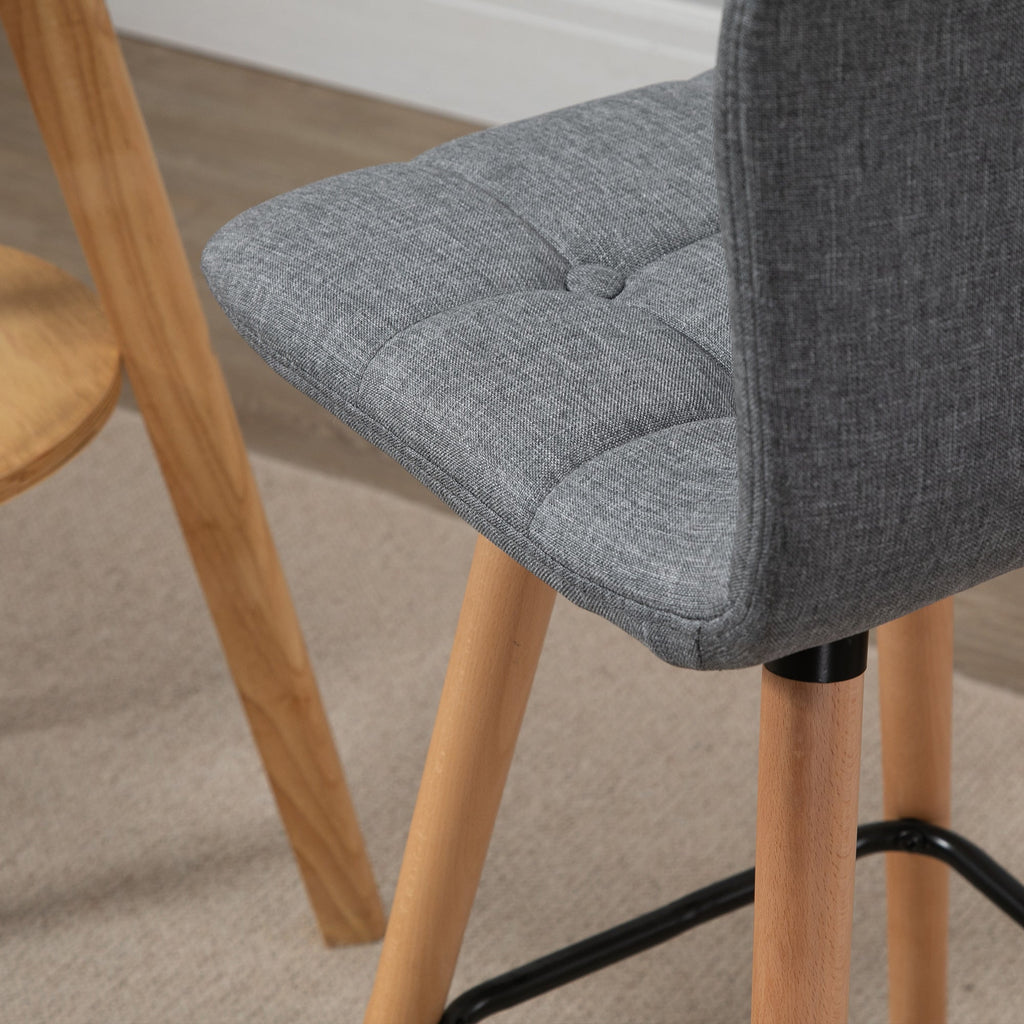Set 2 bar stools with back and footrests, padded seat in fabric and wooden legs - Grey - Borgè