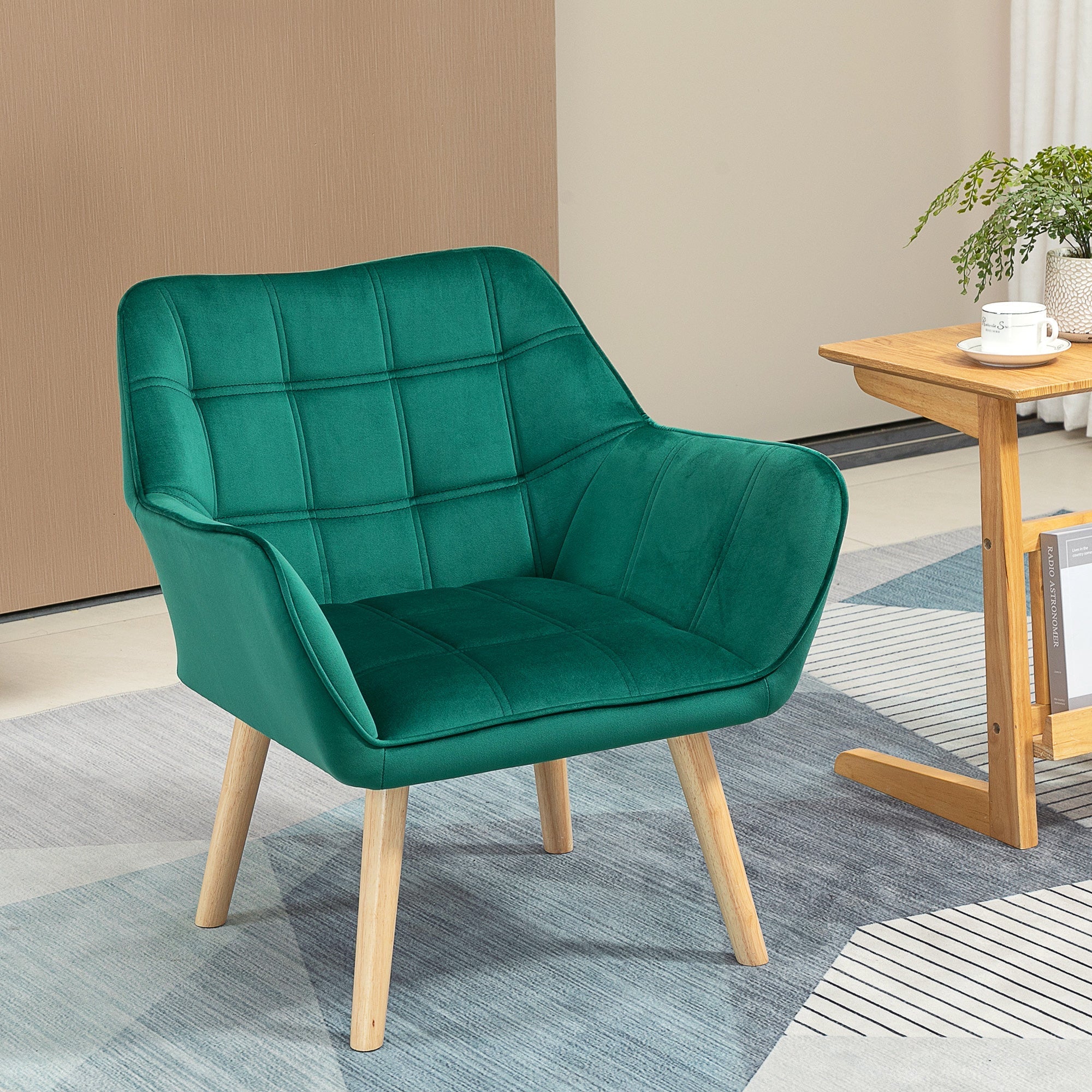 TROMSO | Nordic style armchair in wood and green velvet effect for living room or office | 64x62x72.5 cm - Borgè