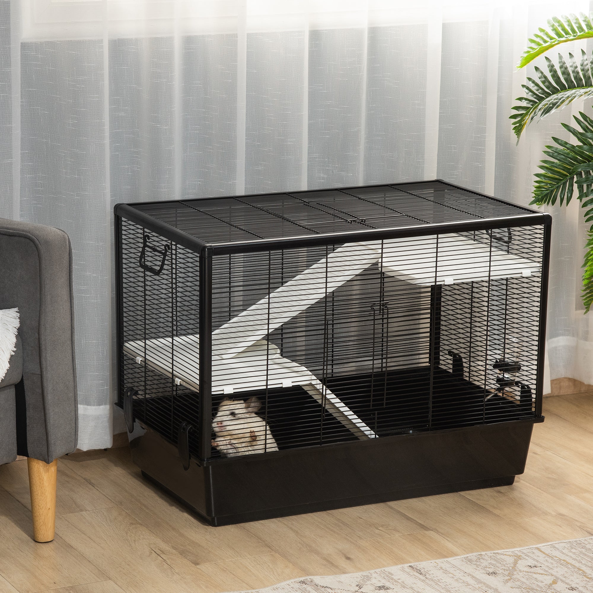 Guinea Pig Cage with Handle, Water Tank, Ramp and Tray, 80x48x58cm, Black - Borge' Group Limited