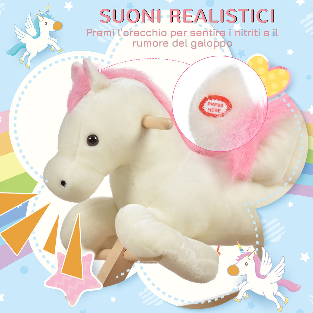 White and Pink Rocking Horse with Sounds and Poplar Wood Structure for Children 18-36 Months, 70x28x57cm - Borgè
