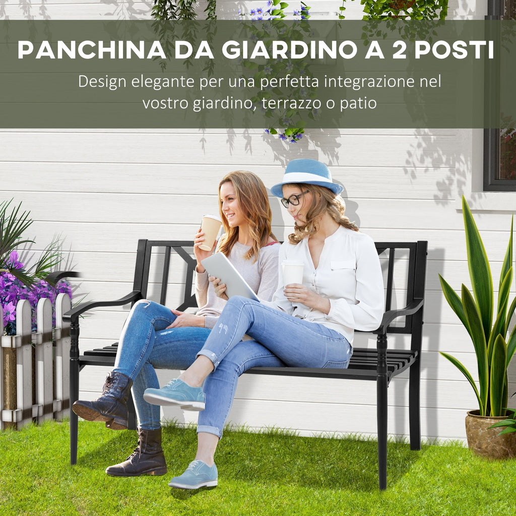 Black Steel Garden Bench for 2 Persons with High Backrest and Armrests, 128x62. 5x81. 5 cm - Borge' Group Limited