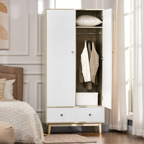 wardrobe 2 wooden doors with 4 rooms, 2 drawers and hangers, wood and white color, 90x50x190cm - Borgè