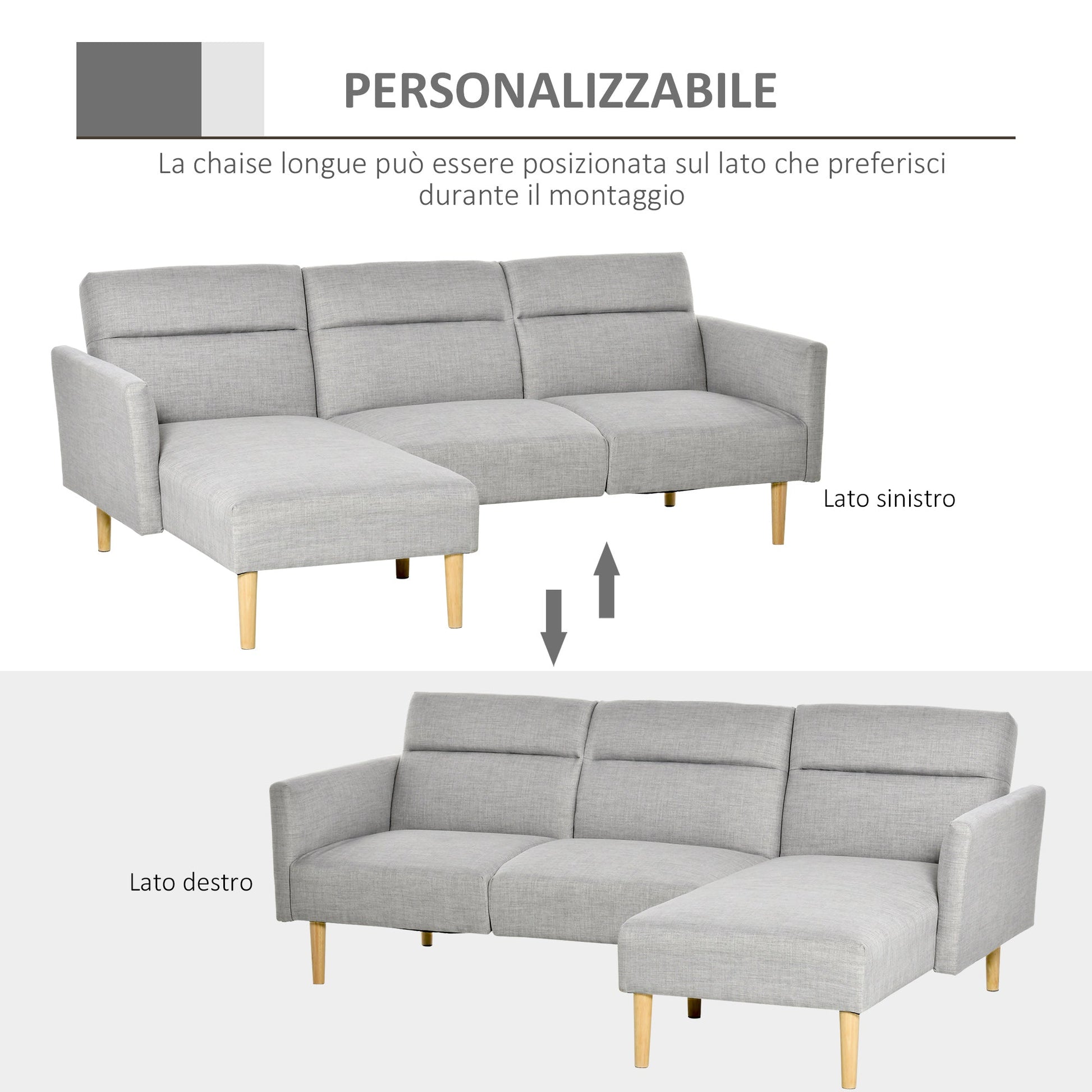 Homcom sofa bed 3 seats, angular sofa in gray fabric with adjustable backrest, Scandinavian style, 207x146x80cm - Borgè