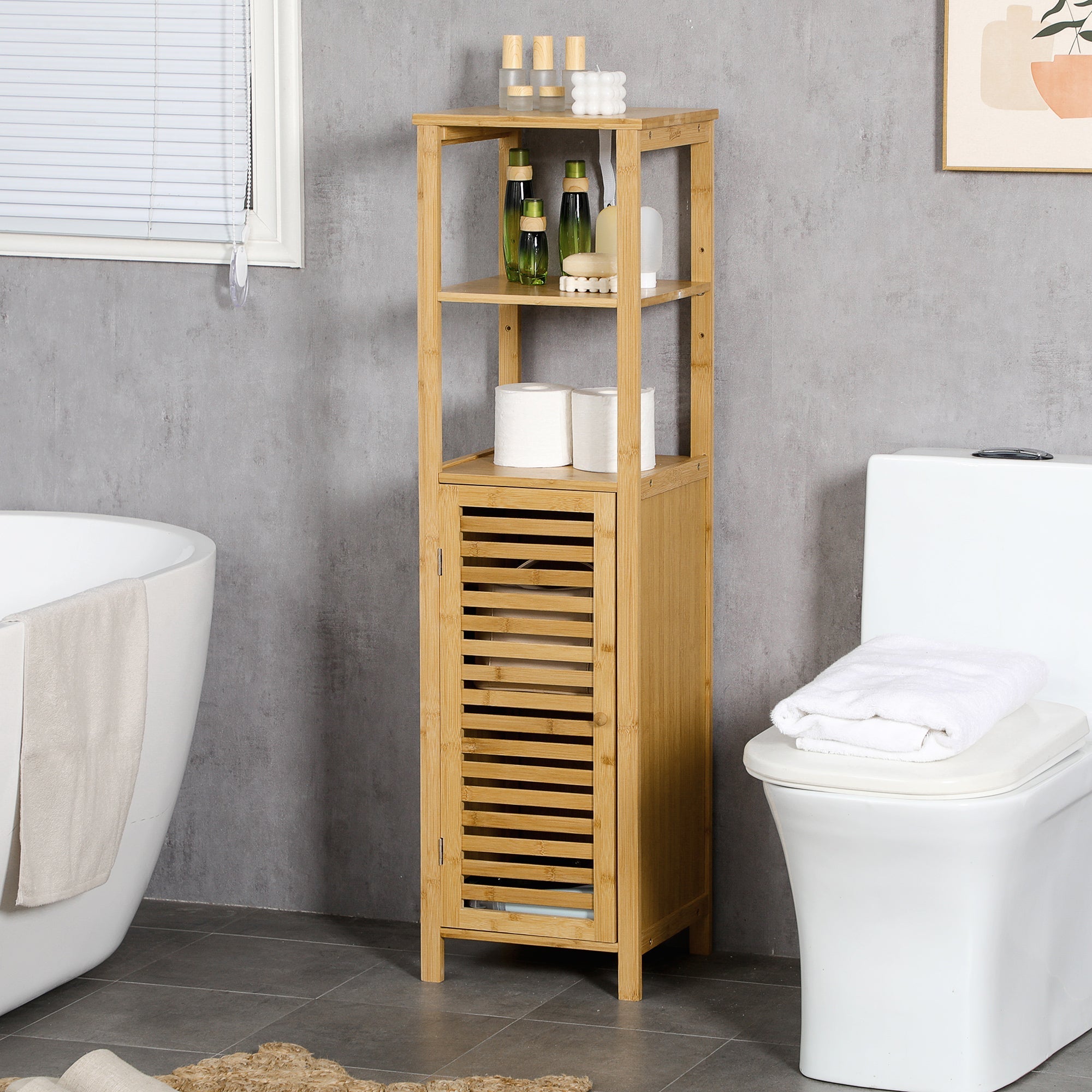 kleankin bamboo bathroom cabinet with 2 open shelves and 2 -level locker, 32.9x29.9x120 cm - Borgè